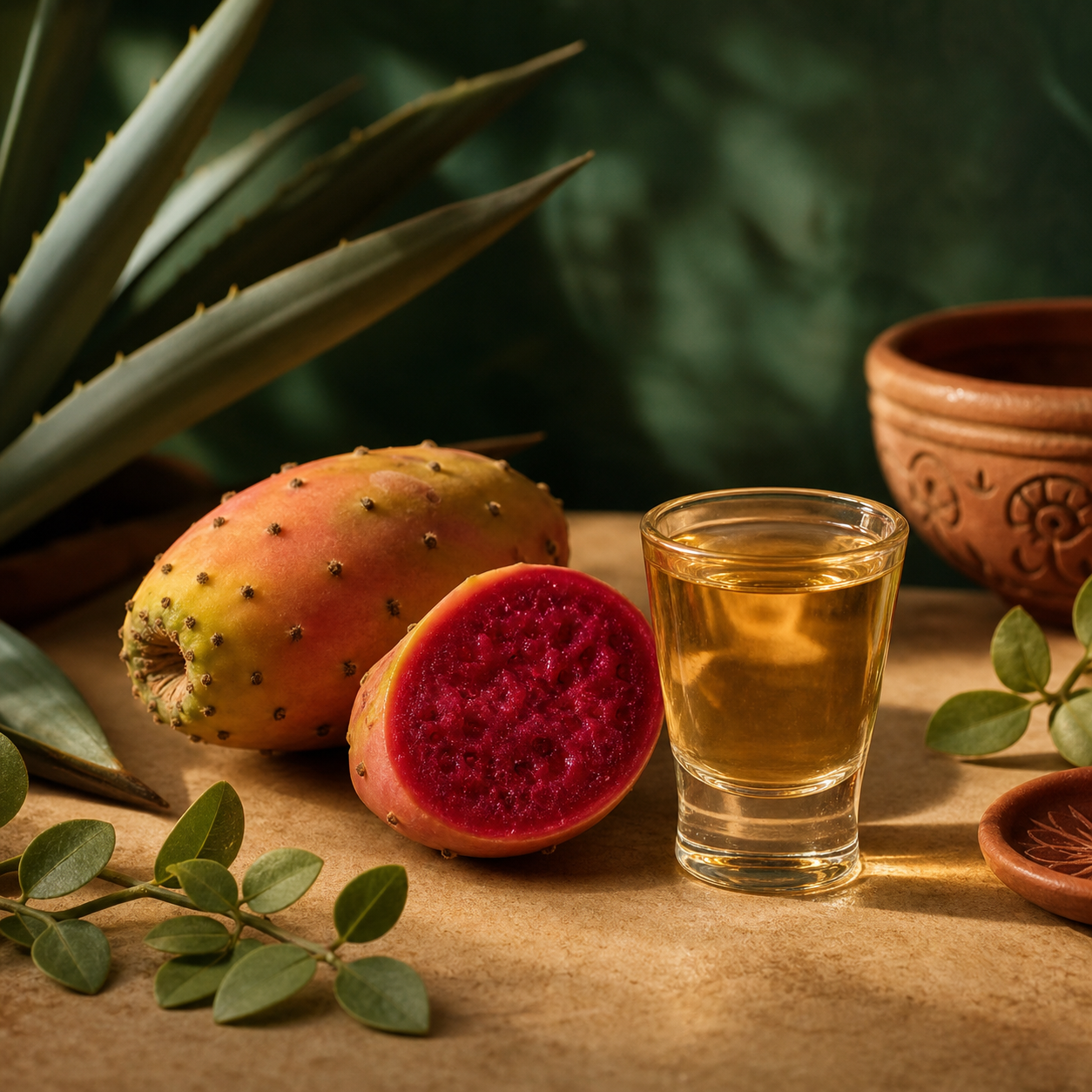 Ganze und aufgeschnittene Kaktusfeige neben einem 2-cl-Glas mit klarem, goldfarbenem El Chumbo