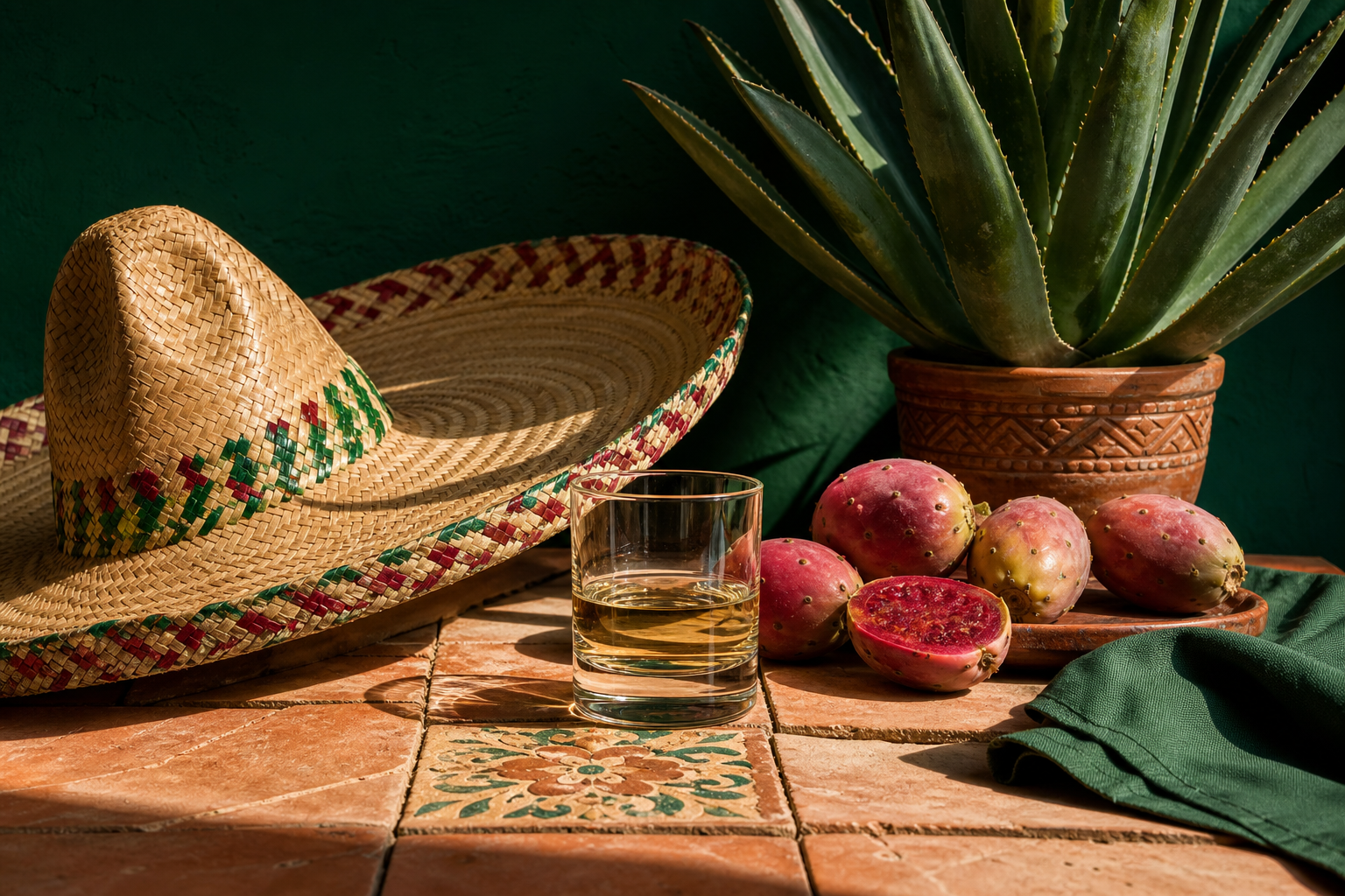 Sombrero, Agave, Kaktusfeigen und ein Glas mit klarer goldfarbener Spirituose